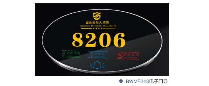 BWMP243电子门显——系统概述：店子门显设有五种显示内容，再加上触摸式门铃按钮，可根据酒店要求进行设计