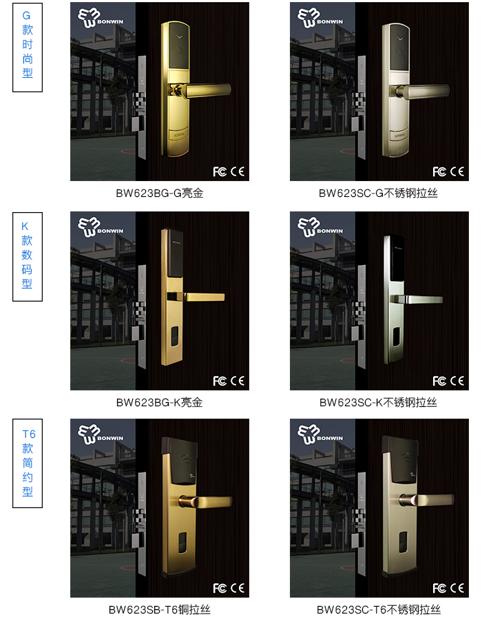 BW623校园有线联网门锁系统——款式与颜色，T6简约型，G款时尚型，K款简约型