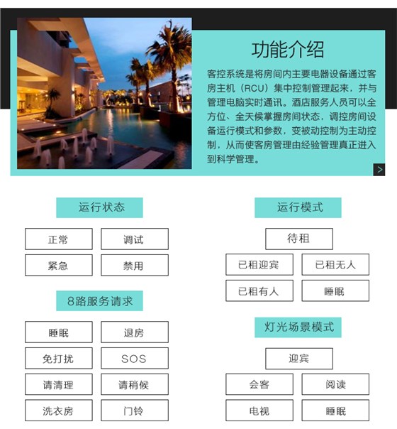 邦威客控系统功能介绍，邦威客控系统的四种运行状态，五种运行模式，８路服务请求，五种灯光场景模式