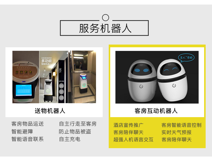 “铂金”智慧酒店系统——服务机器人，分为送物机器人和客房互动机器人
